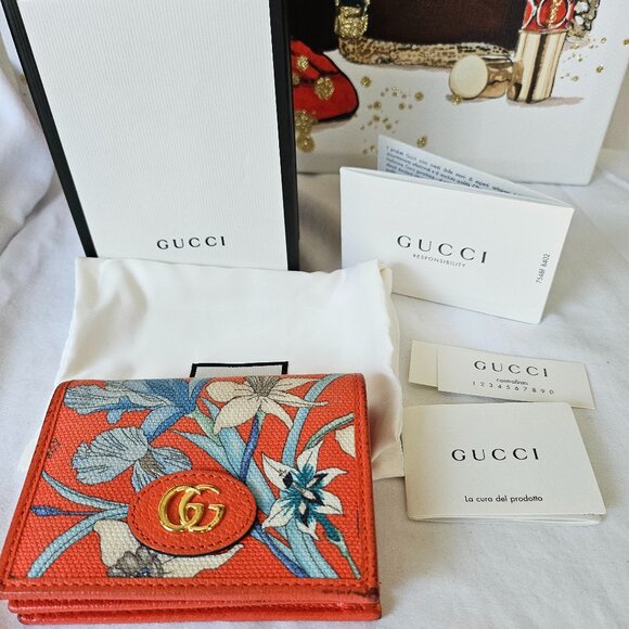 Gucci Marmont Folding Wallet Flora Orange Full Inclusion Preloved - Picture 1 of 13